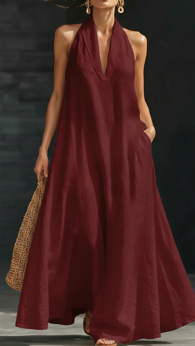 Women's Casual Solid-Color V-Neck Dress