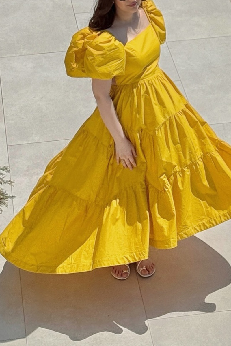 Women's Yellow Puff Sleeve Tiered High Low Maxi Dress（Pre-order payment）