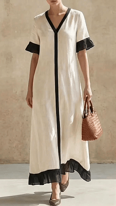 Women's Short-Sleeve Solid-Color V-Neck Dress with Elegant Lace Sleeves