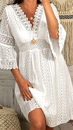 Women's V-Neck Cutout Lace Flared-Sleeve Dress