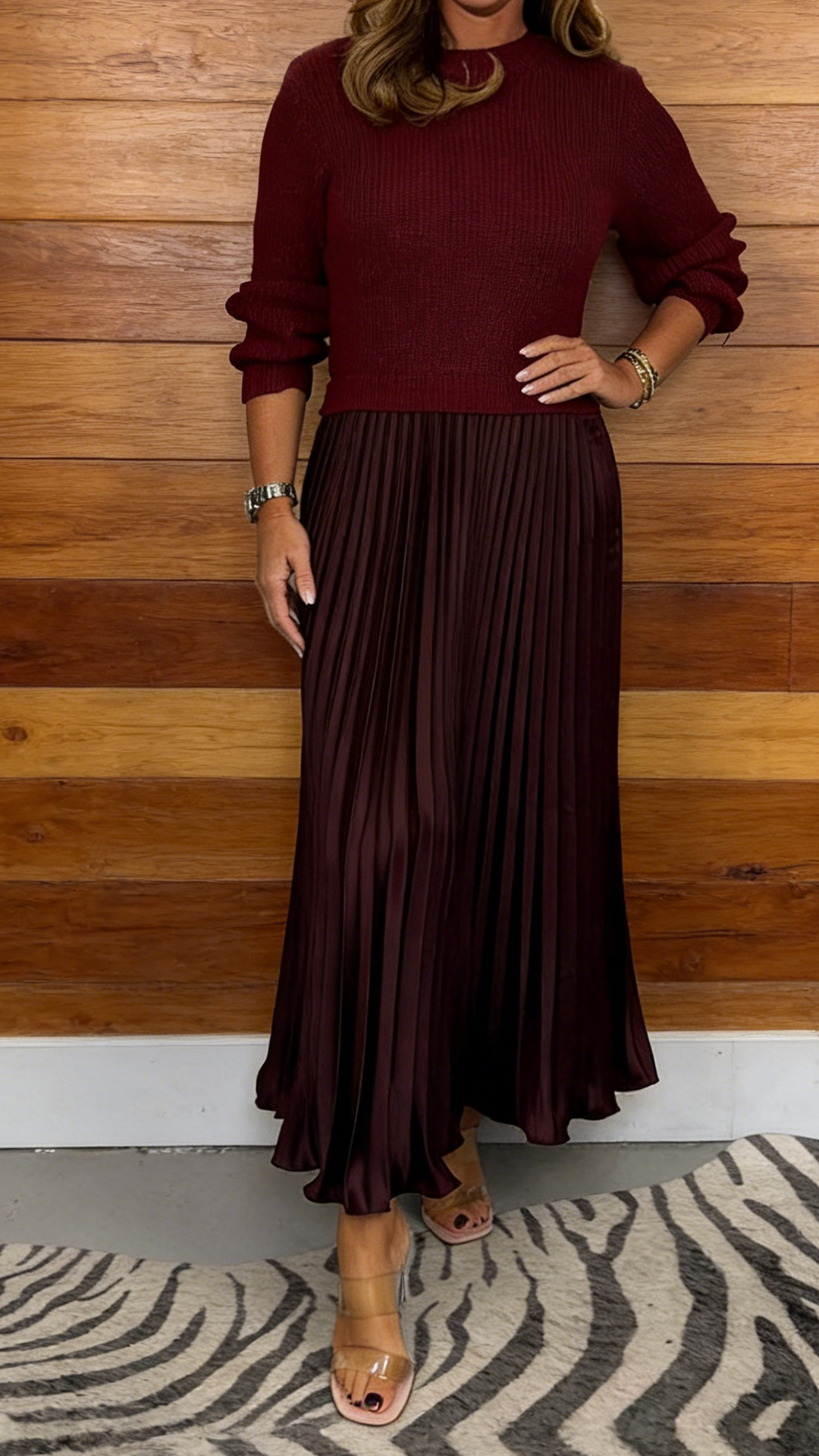 Stylish Knitted Round Neck Long Sleeve Patchwork Pleated Hem Maxi Dress