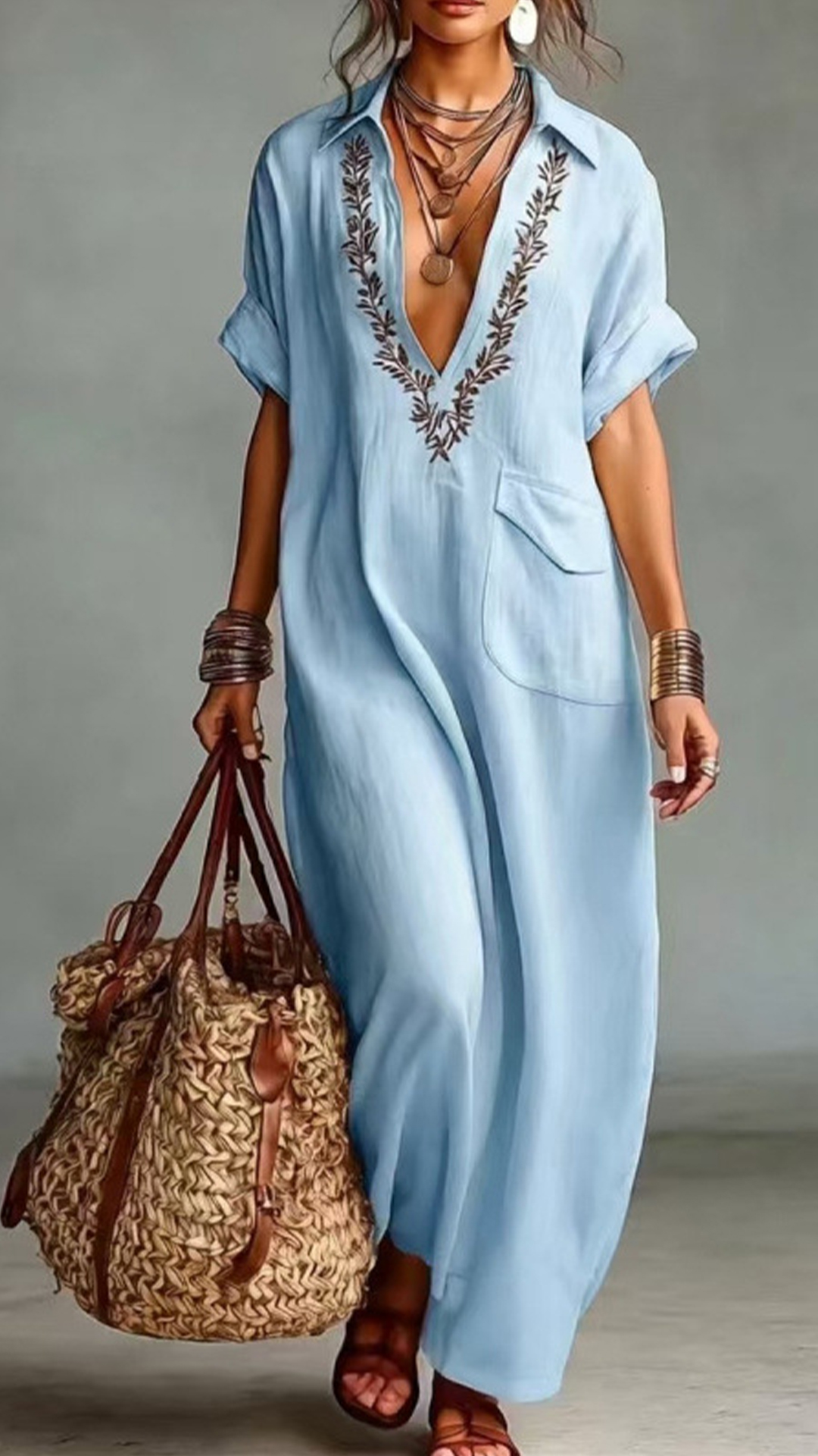 Embroidered V-Neck Loose Cotton Linen Shirt Maxi Dress