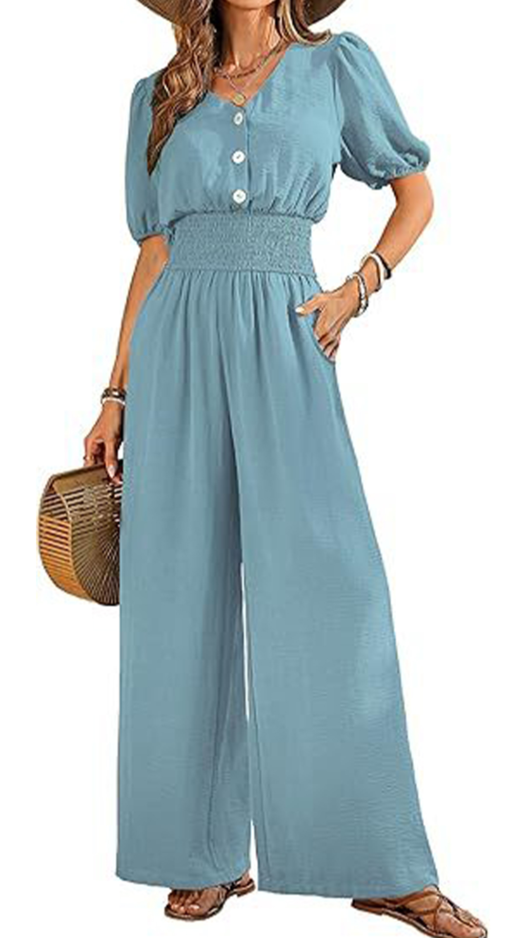 Women's V-Neck Jumpsuit with Puff Sleeves, Cinched Waist, and Wide Legs