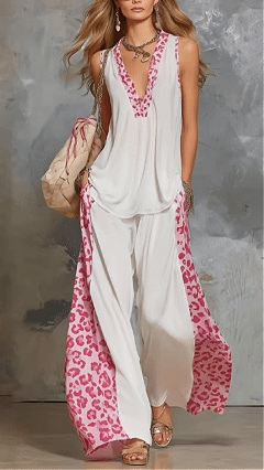 Women's leopard print patchwork vest top, trendy and casual set