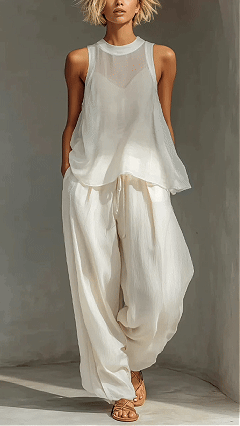 Women's Chiffon Semi-Sheer Round Neck Sleeveless Vest Drawstring Wide-Leg Pants Loose Fit Suit
