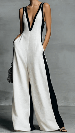 Women's Fashion Black and White Cotton Linen Color Block Thin Strap Jumpsuit