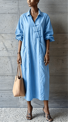 Women's cotton linen collared button-down shirt dress