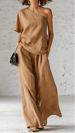 Women's Spring/Summer Off-Shoulder Fashion Top and Wide-Leg Pants Casual Suit