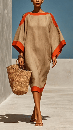 Women's Resort Style Linen Color Block Off-Shoulder Loose Dress