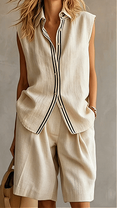 Women's Loose Sleeveless Striped Cotton Linen Shirt Two-Piece Set