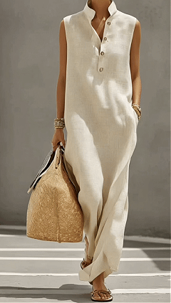 Loose-fitting stand-up collar button-down sleeveless long resort-style shirt dress