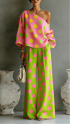 Women's Colorful Polka Dot Off-Shoulder Flowy Two-Piece Set