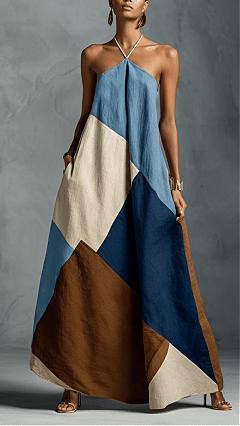 Women's color-blocked printed loose-fitting long dress