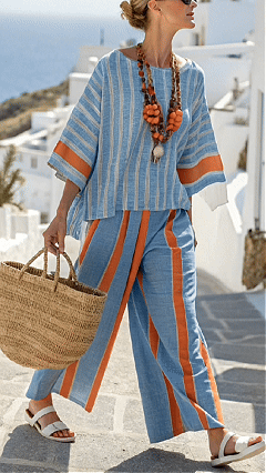 Women's Fashionable Loose Round Neck Top and High Waisted Pants Two-Piece Set