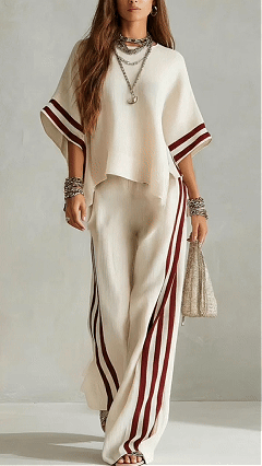 Women's Striped Patchwork Irregular Hem Casual Wide-Leg Pants Two-Piece Set