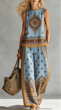 Women's Bohemian Ethnic Style Color-Blocked Trim Wide-Leg Pants Two-Piece Set
