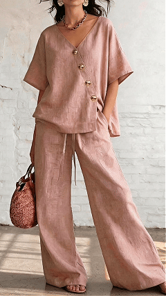 Women's Casual Vacation Loose Cotton Linen V-Neck Wide-Leg Pants Two-Piece Set
