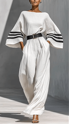 Women's Cotton-blend Striped Waist-cinching Wide-leg Jumpsuit