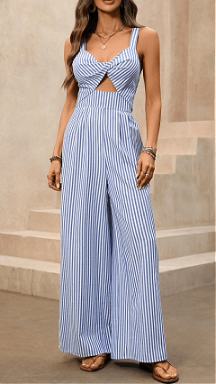 Women's Blue & White Striped Twisted Cutout Cotton-Blend Waisted Wide-Leg Jumpsuit