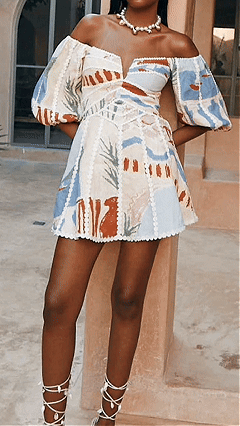 Women's Abstract Print Off-Shoulder Puff Sleeve Mini Dress