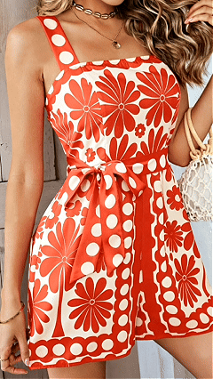 Women's Cotton-Blend Square Neck Printed Waist-Tie Romper