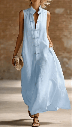 Women's Loose-Fit Stand-Collar Linen-Cotton Dress