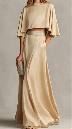 Women's Two-Piece Satin Maxi Dress Set with Shawl Sleeves