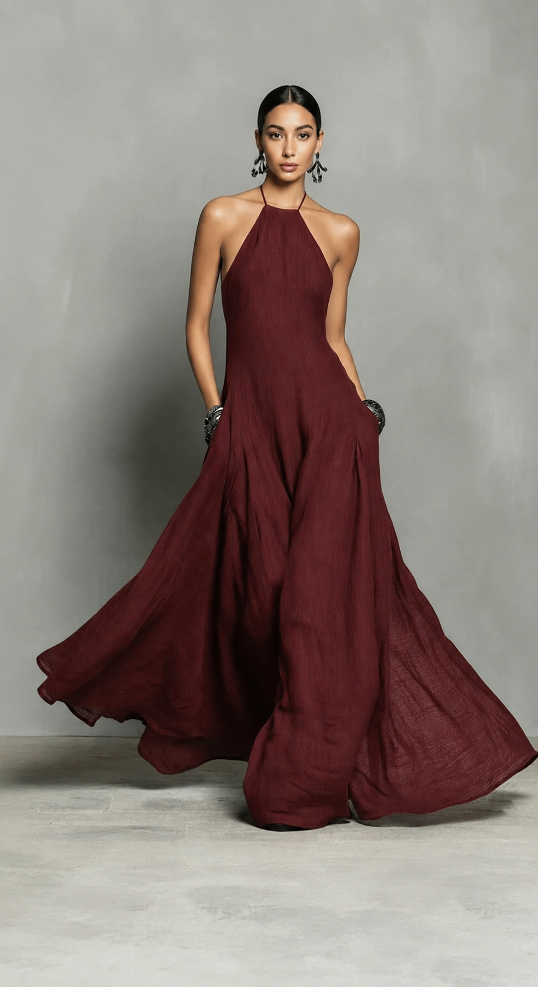 alt=“2026 Spring Linen-Blend Off-Shoulder A-Line Maxi Dress - Retro Literary Travel Style,  Dark red”