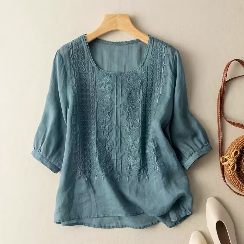 Soft Linen White Lace Embroidered Blouse Elegant 3/4 Sleeve Daily Loose Fit Top