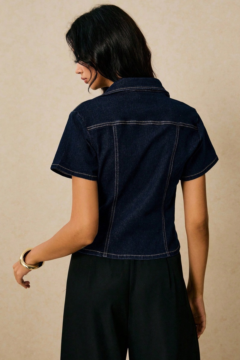 Women's Streetwear-Style Workwear-Inspired Slim-Fit Faux-Denim Collared Shirt