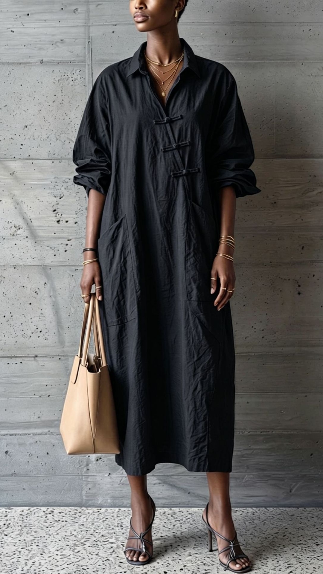 Women's cotton linen collared button-down shirt dress