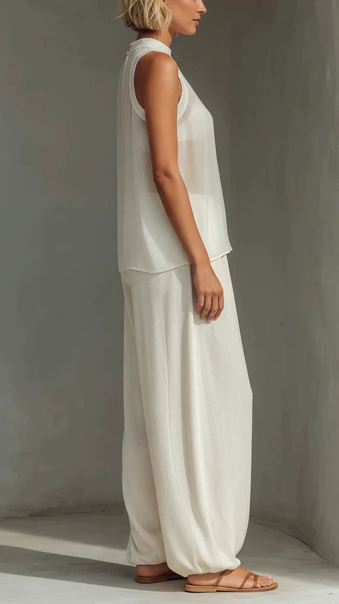 Women's Chiffon Semi-Sheer Round Neck Sleeveless Vest Drawstring Wide-Leg Pants Loose Fit Suit