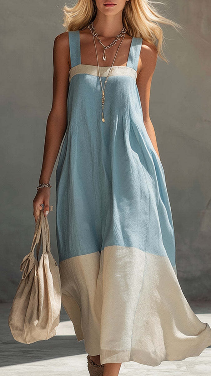 Women's Color Block Stitched Elegant Spaghetti Strap Long Dress