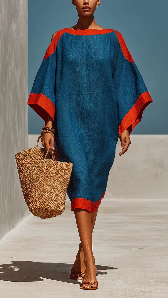 Women's Resort Style Linen Color Block Off-Shoulder Loose Dress