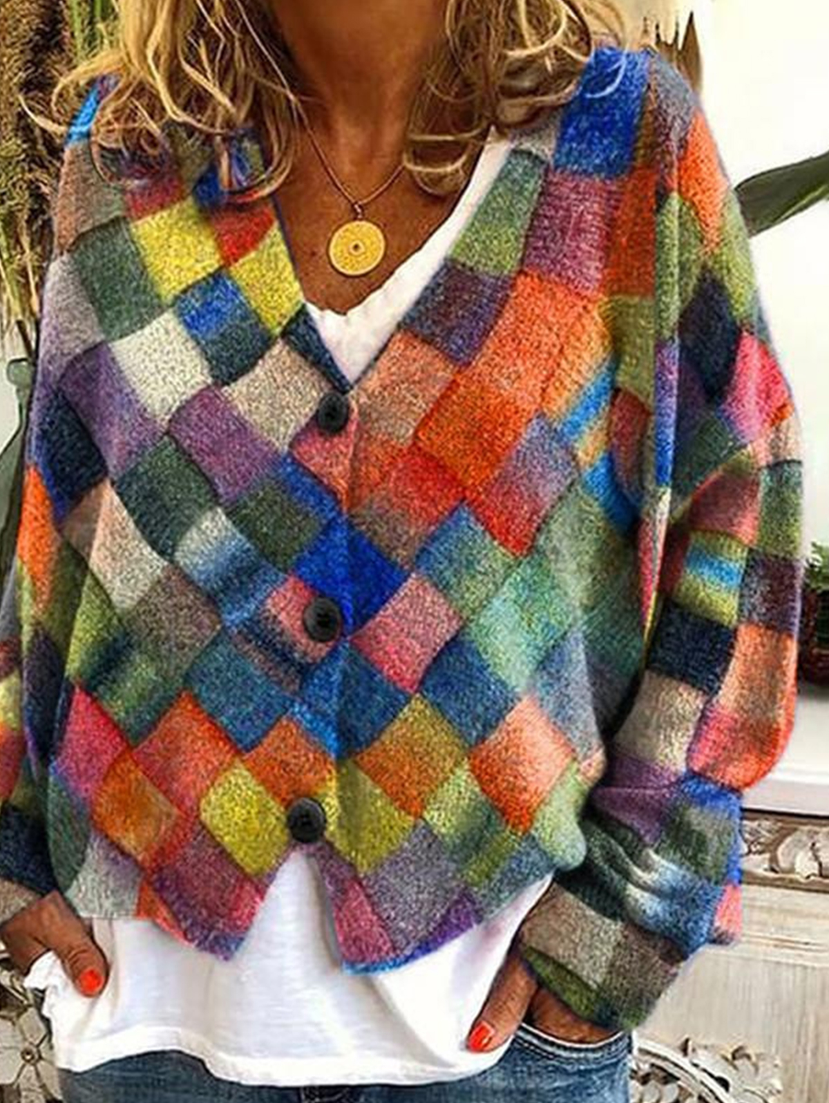 Women's casual floral pattern three-button knitted cardigan sweater