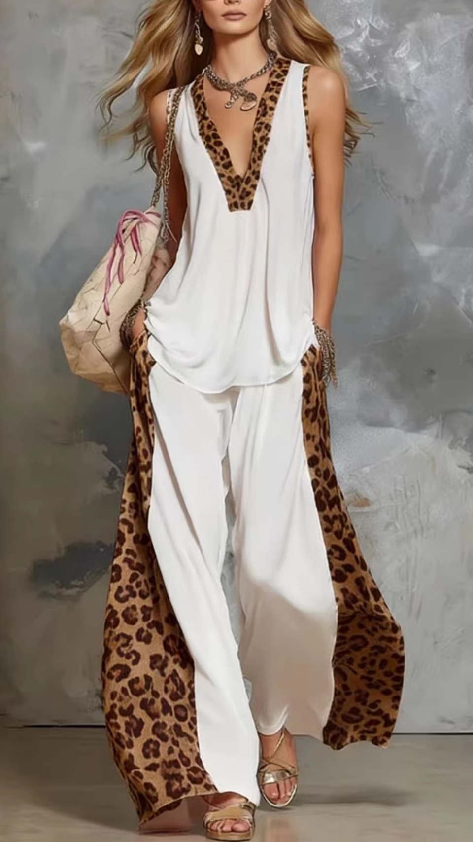 Women's leopard print patchwork vest top, trendy and casual set