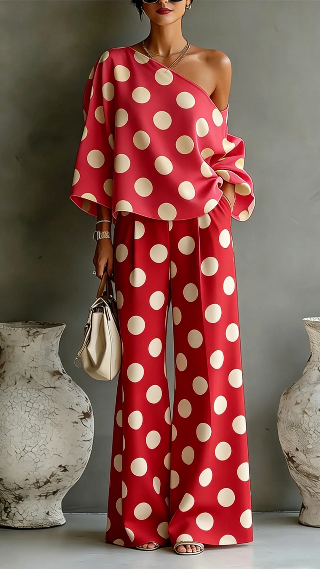Women's Colorful Polka Dot Off-Shoulder Flowy Two-Piece Set