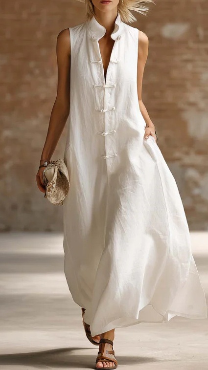 Women's Loose-Fit Stand-Collar Linen-Cotton Dress
