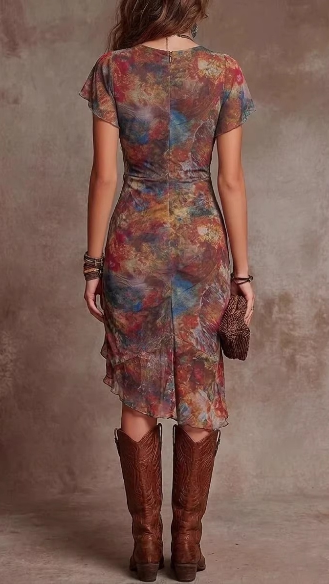 Women's Printed V-Neck Fitted Waist Dress