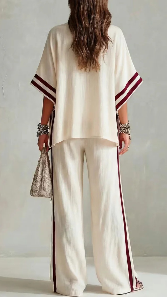 Women's Striped Patchwork Irregular Hem Casual Wide-Leg Pants Two-Piece Set
