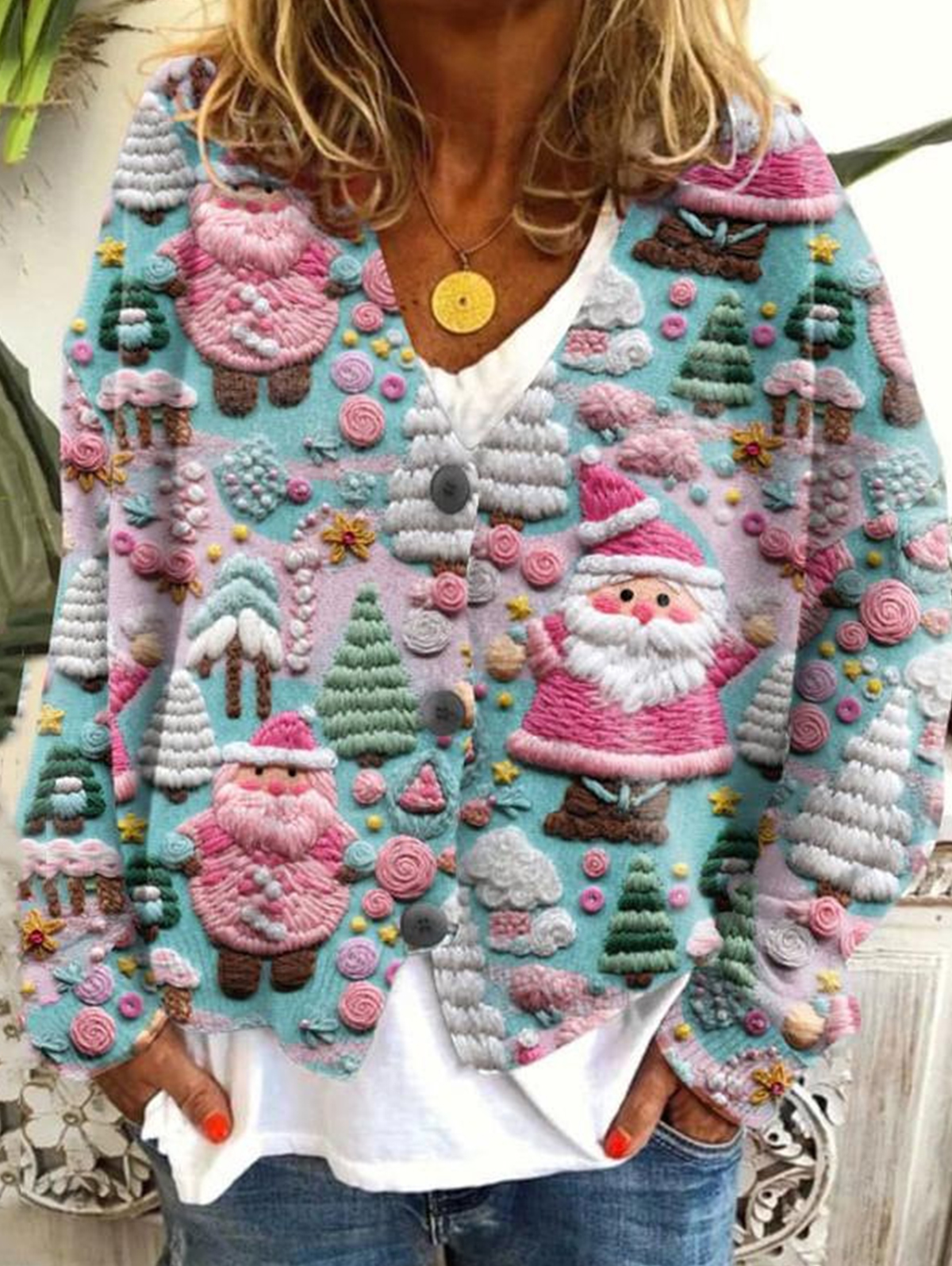 Women's casual floral pattern three-button knitted cardigan sweater