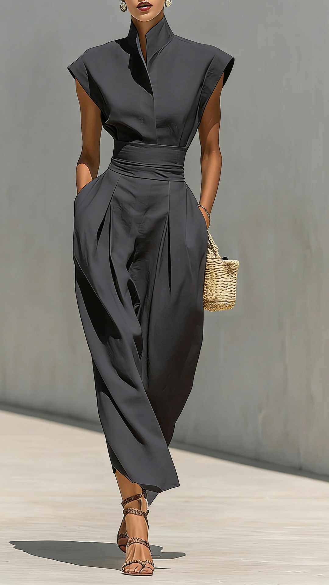 Women's high-waisted midi skirt, turtleneck loose top, commuter dress