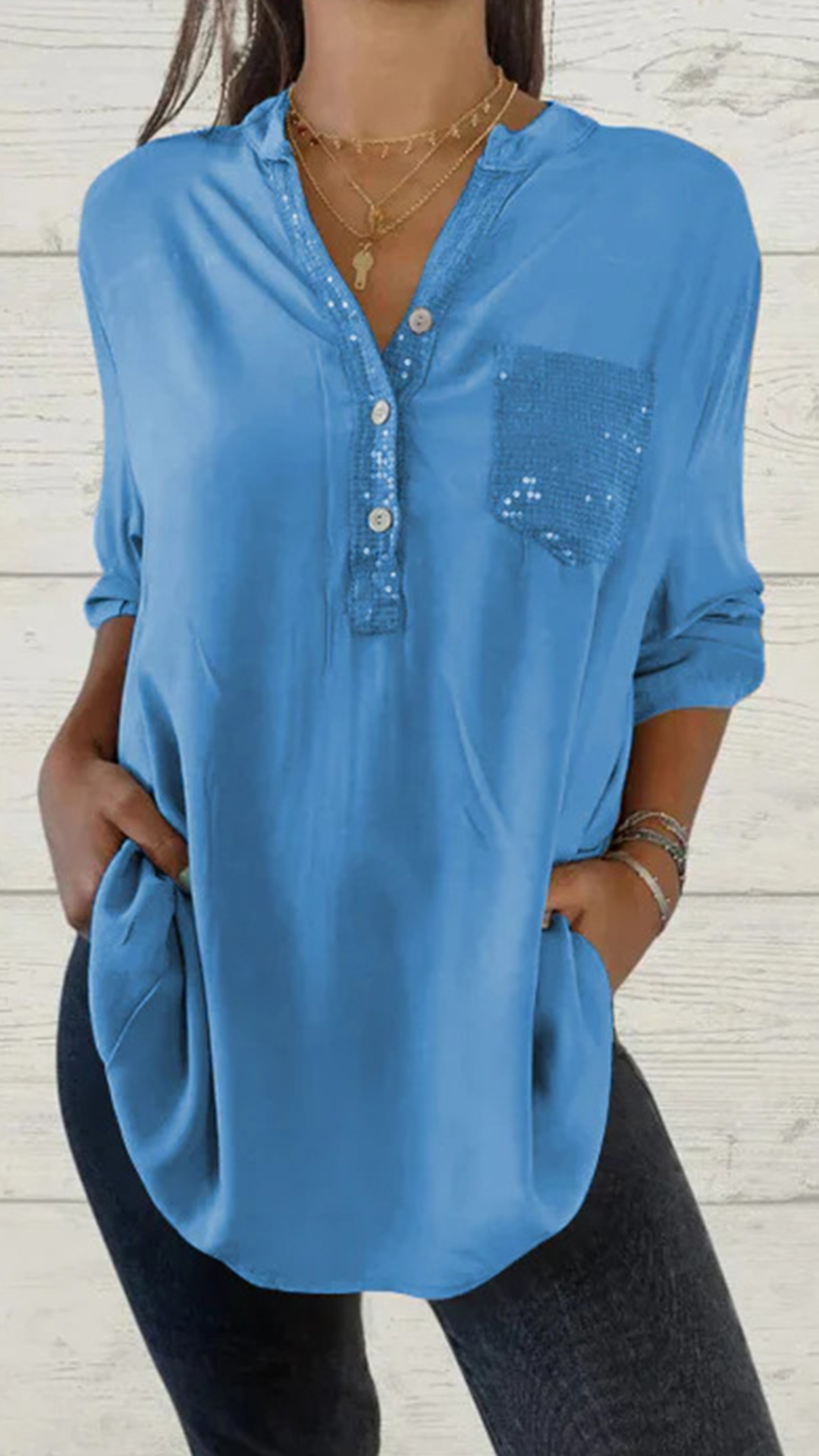 2024 Amazon Aliexpress Wish European And American Spring And Summer Solid Color V-Neck Pocket Women'S Tops Shirts Multi-Color Multi-Code