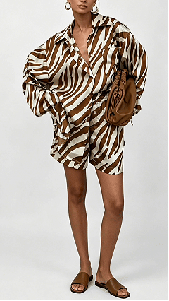 Women's Brown‑White Zebra‑Print Collared Shirt & Shorts Set
