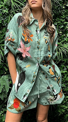 Women's Mint‑Green Floral‑Print Collared Short‑Sleeve Shirt & Shorts Set