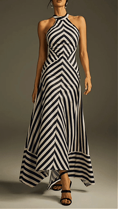 Women's Black & White Striped Halter Cotton-Blend Waisted Asymmetrical Maxi Dress