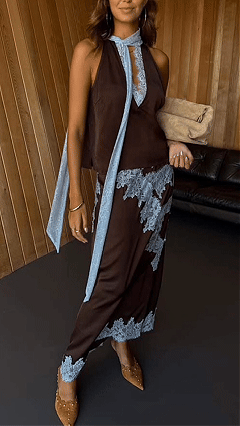 Women's Color-Block Lace Trim Halter Top & Skirt Set