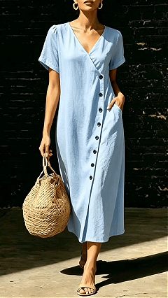 Women's Light Blue V-Neck Short-Sleeve Dress