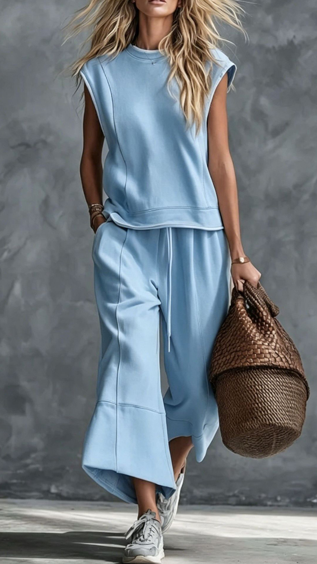 Women's Navy Sleeveless Wide-Leg Cotton-blend Two-piece Outfit