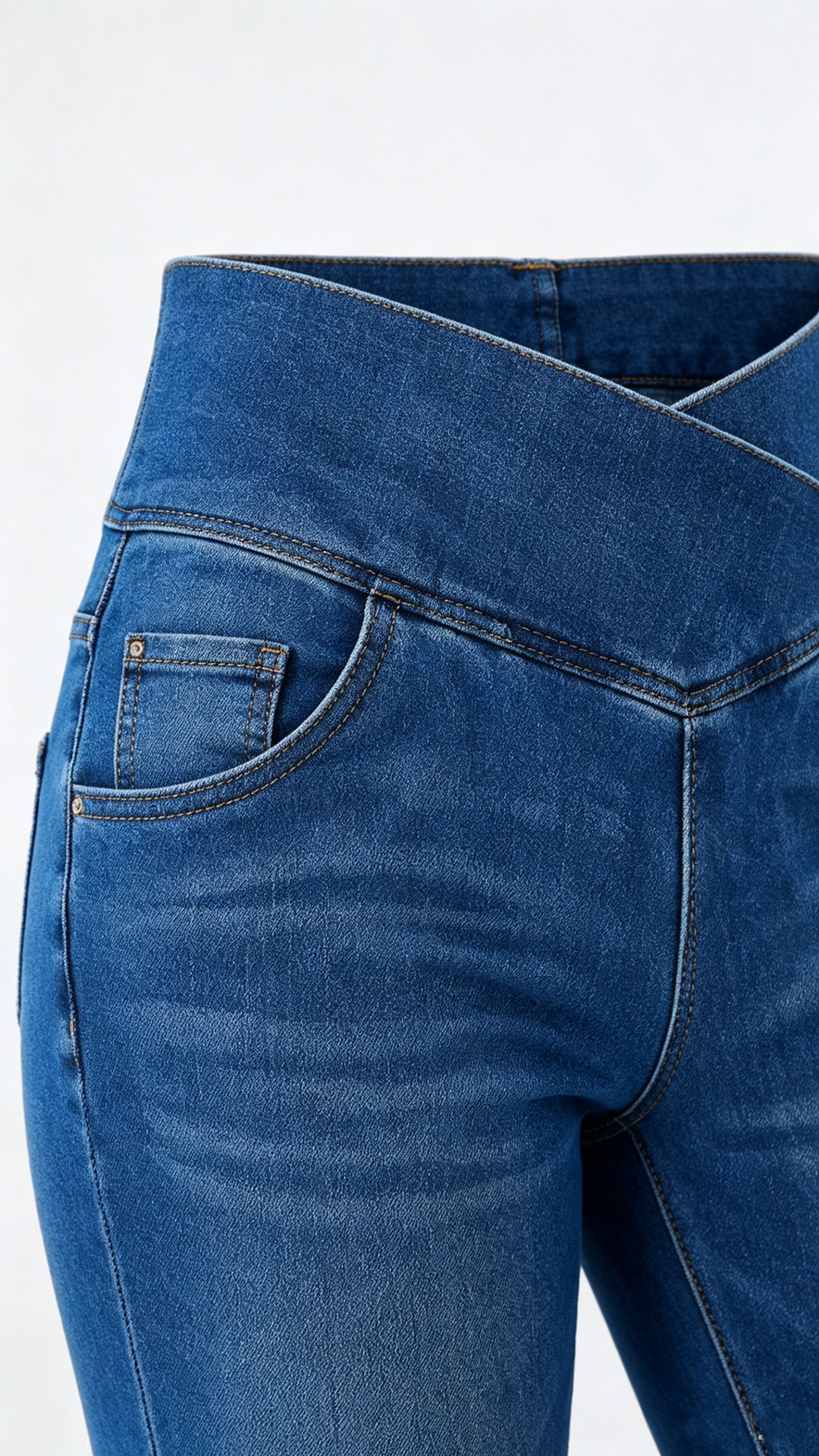 Cross waist detail ultra high stretch denim jeans women Flare bell bottom jeans back view curve fit denim pants